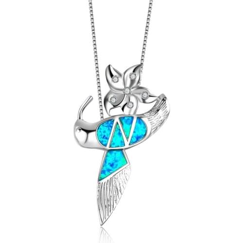 Fashion Blue Opal Hummingbird Picking Honey Animal Pendant Necklaces Flower Crystal Chain Necklace Women Charm Boho Jewelry 2021