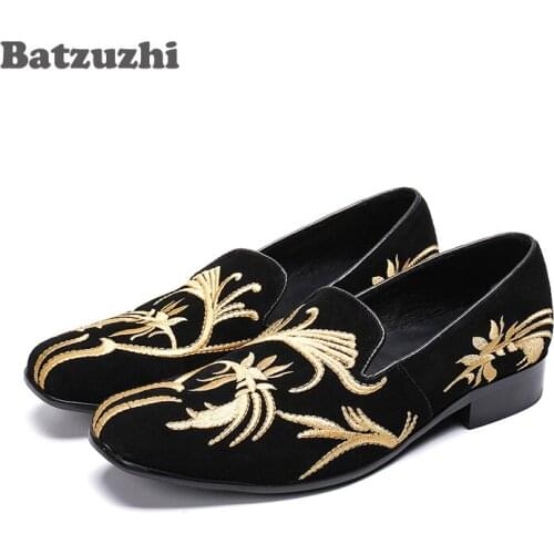 Batzuzhi Fashion zapatos de hombre Black Suede Leather Shoes Men with Gold Embroidery Designer;s Party Shoes Man mocassin homme