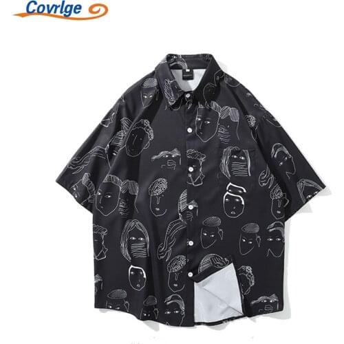 Covrlge New Short Sleeve Mens Shirt Summer Fashion Creative Printing Cotton Linen Loose Casual Button Up Clothing MCS161