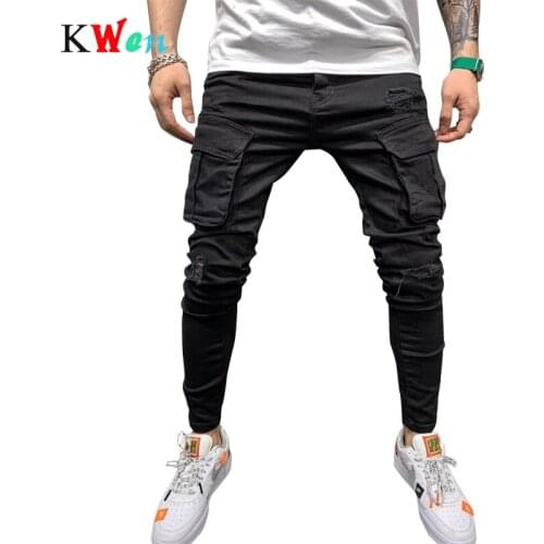 Newblack biker load jeans fit ripped mens pants hole motorcycle streetwear denim pencil pants skinny jeans 2020