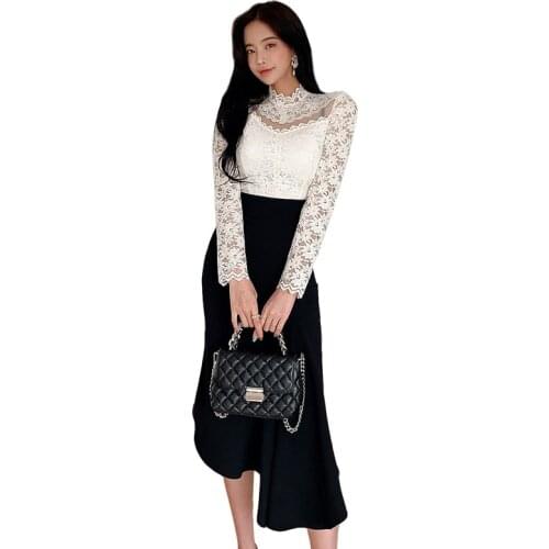 New arrival fashion spring slim set women OL professional white sexy perspective lace shirt and midi ruffle skirt two piece set