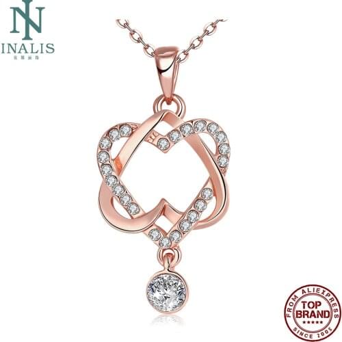 INALIS Women Pendant Necklaces Fashion Hollow Heart-To-Heart Clear Cubic Zircon Necklace Female Anniversary Jewelry New Arriva
