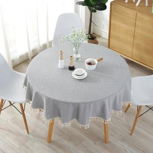 Japanese Style Simple Yarn-Dyed Cotton Linen Tablecloth Round Plain Solid Color Tassel Table Cover