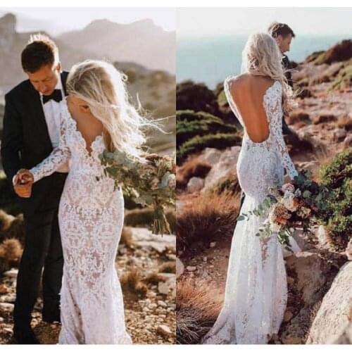 Country Boho Mermaid Lace Wedding Dresses 2020 Robe De Mariage Backless Long Sleeve Bridal Gowns Custom Made Trouwjurk