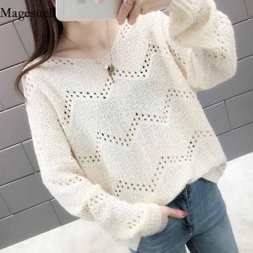 Hollow Out Fashion V-neck 2020 Elegant Knitted Women Sweater Autumn Casual Long Sleeve Women Clothing Women Sweater 5456 50