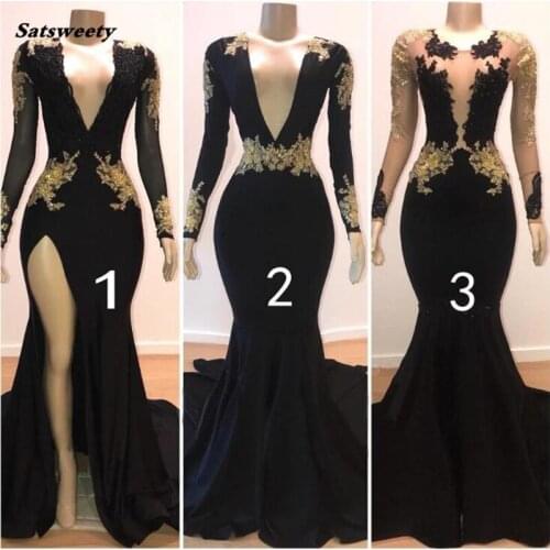 Real Picture Three Styles Evening Formal Dresses Elegant Gold Applique Long Sleeve Mermaid Party Gown Side Slit vestido de festa