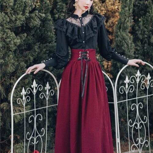 Retro Black Lace Mesh Stitched Shirt Tops with Slim High-waist Red Dress Two-piece Outfits Long Maxi Women Formal Dress Vestido