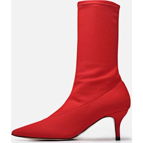 2020 New Female Sexy Stiletto Sock Booties Stretch Fabric Pointed Toe High Heels Ankle Boots Women Pumps Botas Mujer