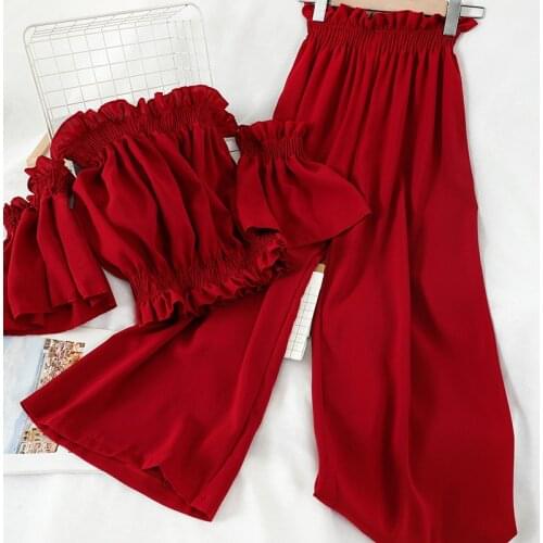 Heliar Woman 2020 Summer Sets Elastic Waist Croped Top And Sweet High Waist Pleated Pants Ruffles Two-Piece Outfits Women Sets