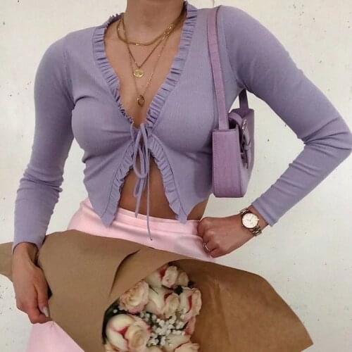 Foridol knitted front tie cropped cardigan women ruffle vintage purple ribbed short cardigans long sleeve yellow cardigan top