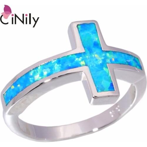 CiNily Created Blue Fire Opal Silver Plated Wholesale Hot Sell Cross for Women Jewelry Gift Ring Size 7 8 9 OJ5578