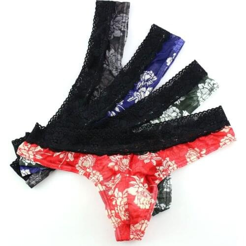 4 Piece Lace Underpants Mens Sexy Thong Erotic Transparent Underwear U-Convex Comfortable Briefs Low Waist Elastic Brief A50