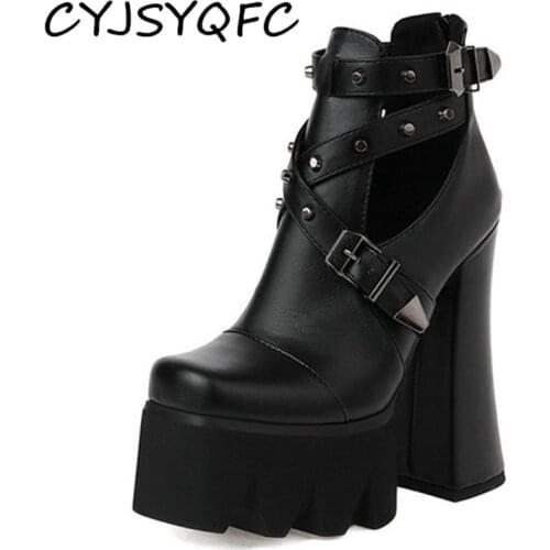CYJSYQFC Punk Metal Rivets Platform Women Ankle Boots Round Toe Buckle Strap Thick Bottom High Heels Ladies Shoes Plus Size 43
