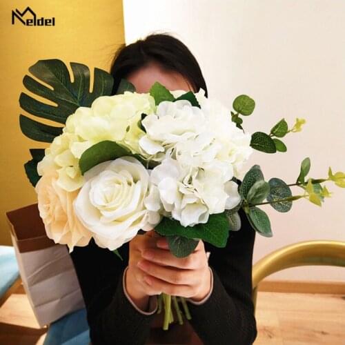 Meldel White Silk Rose Hydrangea Artificial Flowers Bouquet Fake Flowers Bundle for Home Wedding Table Backdrop Decoration Flore