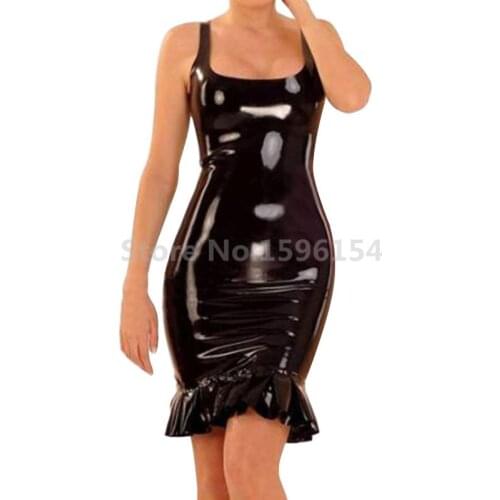Black Latex Sleeveless Dress Rubber Latex Fetish Dresses with Bottom Lace LD234