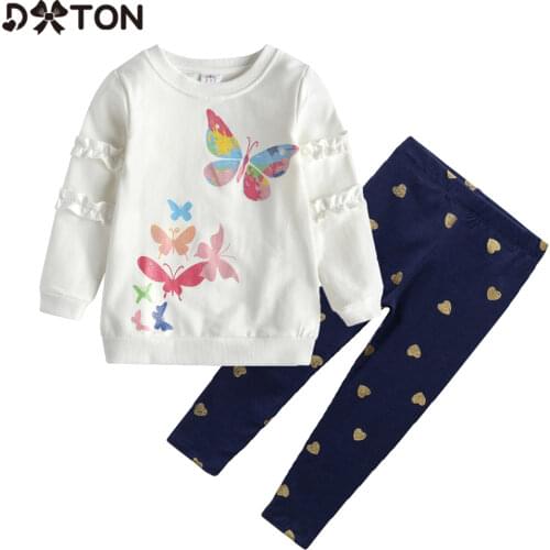 DXTON 2pcs Children Clothing Sets Baby Girls Winter Suits Print Long Sleeve T-shirt and Pants Butterfly Kids Casual Outfits Wear