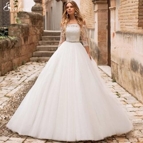 EVALOVE Charming Boat Neck 3/4 Sleeve A-Line Wedding Dress Luxury Sashes Beading Appliques Off the Shoulder Princess Bridal Gown