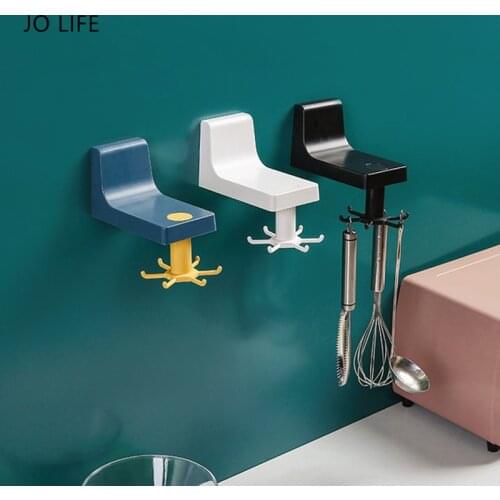 JO LIFE 360 Degree Rotating Storage Rack Holder Kitchen Self Adhesive Hanging 6 Hooks Wall Hanger Bathroom Accessories