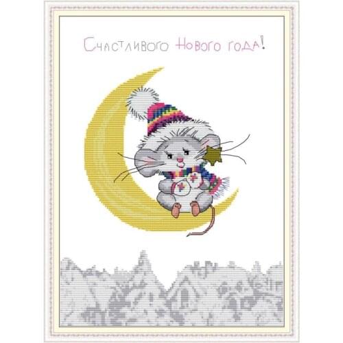 Joy Sunday Mouse on the moon Counted Cross Stitch Kit Needle Embroidery Kits 14CT Printed Canvas Cross Stitch DMC Art home decor