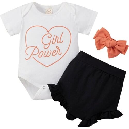 Baby Girls Three-piece Clothes Set, Round Collar Short Sleeve Romper, Solid Color Shorts and Headdress