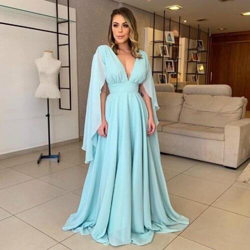MYYBLE Blue Evening Dress Deep V-Neck Cap Sleeves Long Prom Dresses Chiffon Party Dress Formal Mother of the Bride Gowns 2020