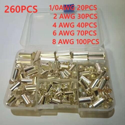 260cs/lot mixed 5 models bared Bootlace Ferrule Kit 1/0 2 4 6 8AWG Non Insulated Electrical Crimp cord wire end terminal