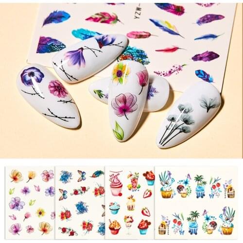 MEET ACROSS Nail Stickers Butterfly Flower Feather Leaf Grass Adhesive DIY Manicure Slider Nail Art Tips Decorations Decals