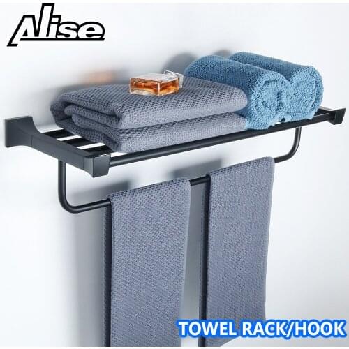 Towel Holder Bathroom Towel Rack Matte Black Stainless Steel Wall Mounted Hanger Towel Storage Shelf Hook Bathroom Accessories