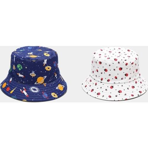 New Womens Bucket Hat Cute Reversible Fishermen Hat Cartoon Printing Summer Outdoor Hat Couple Sun Protection Hat Unisex Panama