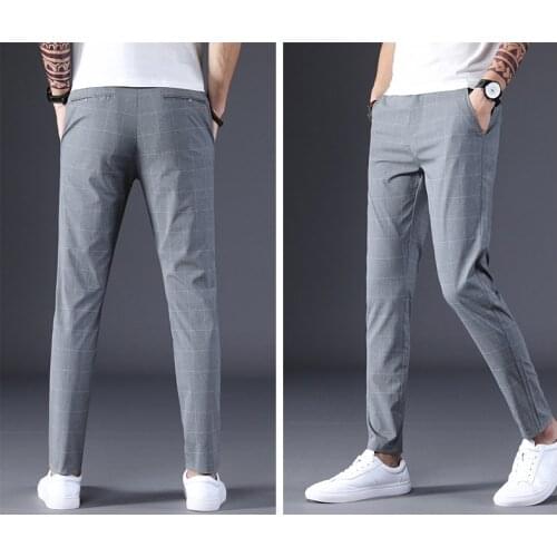 Obrix Gentleman Work Formal Pants Plaid Pattern Smart Casual Style Mid Waist Business Slim Fit Pants For Men