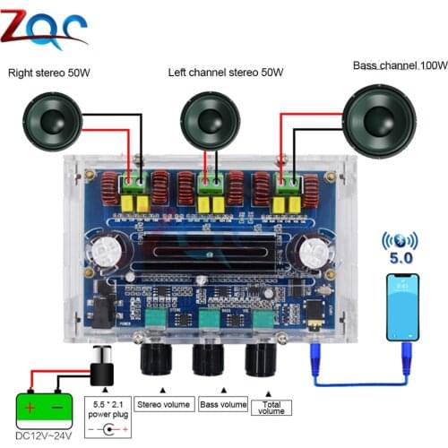 TPA3116D2 Bluetooth 5.0 Digital Amplifier Board 2.1 Channel Class D High Power Amplifier Module 2x50W 1x100W DC 12-24V with Case