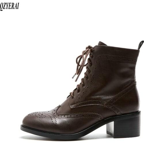 QZYERAI black Ankle boots Genuine leather Female boots High heels Womens boots Autumn winter cowhide Womens shoes Size 34-40