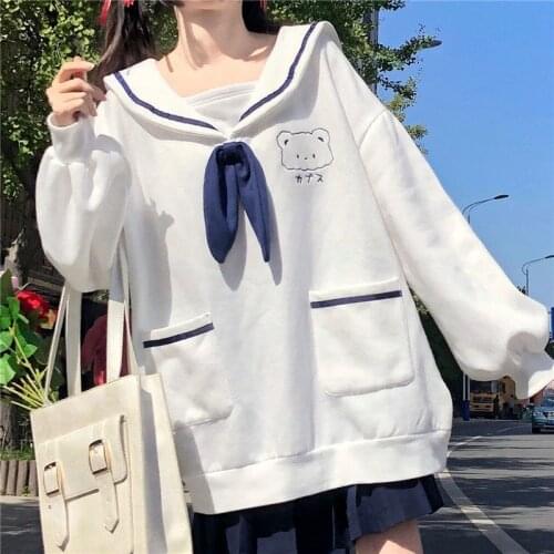 QWEEK Kawaii Hoodies Women Sailor Collar Sweatshirt Japan Style Oversized Soft Girl Navy Long Sleeve Top Funny Bear Crewneck