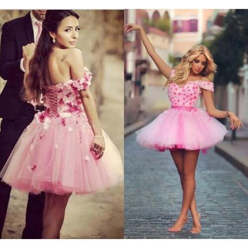 Verkauf 3D-Applique Off Schulter Abendkleider Sexy Lace Up Graduation Party Kleider Kurze Prom Kleid