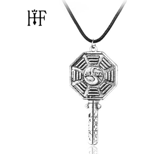 Vintage Classic Key Shape Pendant Necklace Lost The Dharma Swan Octagon Symbol Necklace Rope Chain Necklace