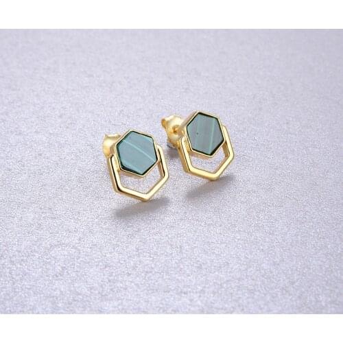 High jewelry s925 sterling silver green malachite earrings hexagonal retro elegant earrings for women