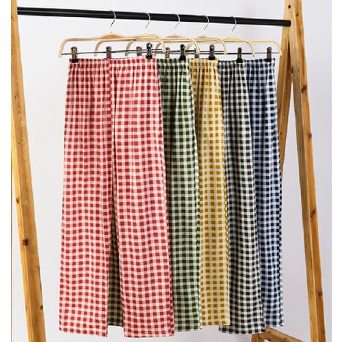 Womens Home Plaid Pants Sleepwear Cotton Gauze Summer Sleep Bottoms Oversize Light Soft Checked Pajamas Comfort Lounge Wear
