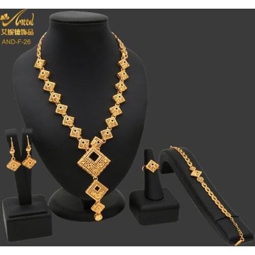 Dubai Gold Jewelry Sets For Women Egyptian Designer Luxury Necklace Earring Wedding Bride Fashion Ring Bracelet Wholesale