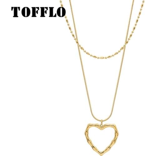 TOFFLO Stainless Steel Jewelry Snake Bone Chain Peach Heart Pendant Necklace Womens Double Layered Gold Bead Necklace BSP1130