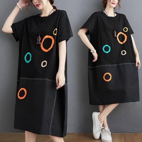 2021 Summer Plus Size Cotton Women Dress Clothing Print Spliced Short Sleeve Fashion Loose Ladies Black Sweatshirt Vestidos W378