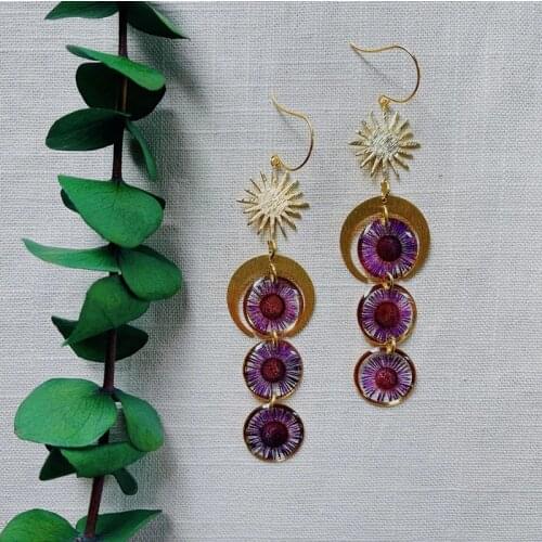 The Golden 3-Tiered Purple Daisies with brushed Star and Crescent moon earrings, Wanderlust Jewelry, Hypoallergenic