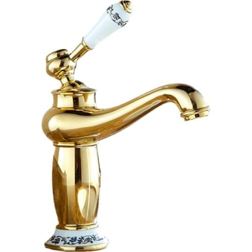 Gold Basin Sink Taps Deck Mounted Single Handle Bathroom Faucet Golden Ceramic Brass Washbasin Tap
