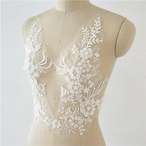 1 Pair bridal lace applique with florals, heavy bead lace applique with flowers