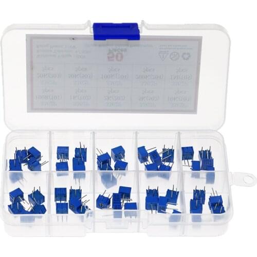 50pcs/lot 100 ohm-1Mohm 3362P potentiometer assorted kit set 10 values variable resistor potentiometer electronic resistors pack