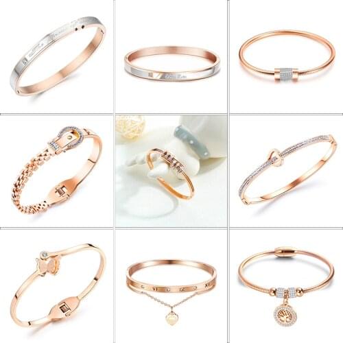 Korean Stainless Steel Rose Gold Plated Couple Bracelet Black Fashion Romantic Valentines Day Birthday Gift Set Zircon Jewelry