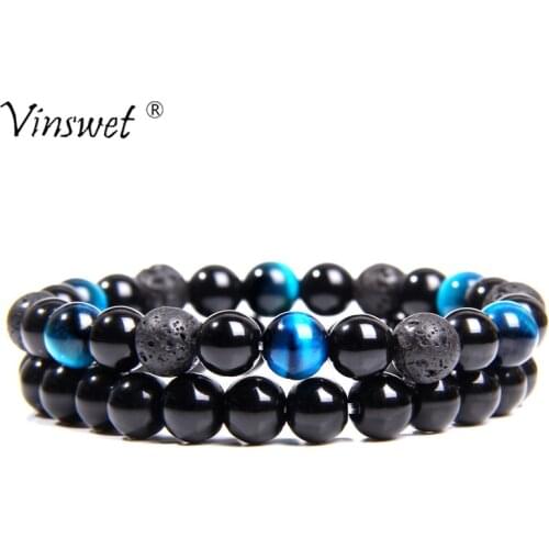 2 Pcs Natural Lava Stone Beads Bracelets Mens Fashion Elastic Bracelet For Women Blue Tiger Eye Energy Bracelet Jewelry Gifts