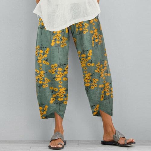 2021 Summer Fall Fashion Pants Women Cotton Linen Casual Long Straight Pants Floral Print Elastic Waist Loose Wide Leg Trousers