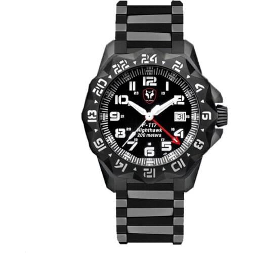 Hnlgnox Men Diver Watch Pilot Mens Tritium Watches T25 Luminous Military 200M Waterproof Quartz Wristwatch Black Steel Strap