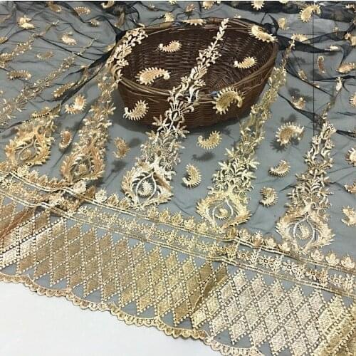 Black mesh golden lace thread embroidery fabric Wedding Dress Tulle Skirt Material fabrics for patchwork kumas telas por metros