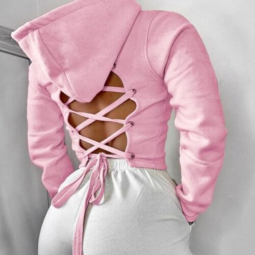 Cotton Women Fashion Sexy Bandage Hoodies Hollow Short Crop Top Sport Pink White Red Pullover Female 110